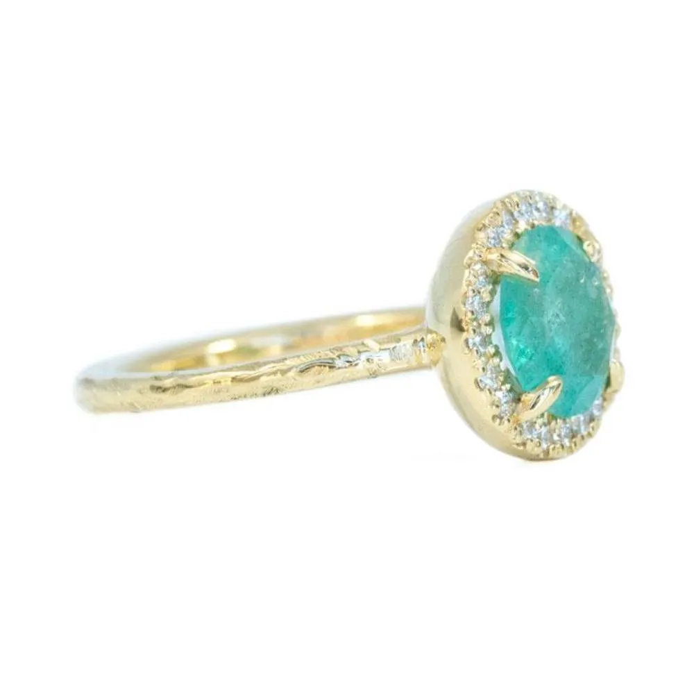 1.33ct Round Emerald in Evergreen 18K Yellow Gold Low Profile Diamond Halo Ring