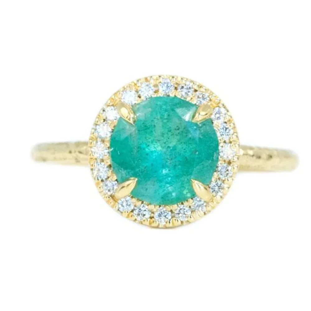 1.33ct Round Emerald in Evergreen 18K Yellow Gold Low Profile Diamond Halo Ring