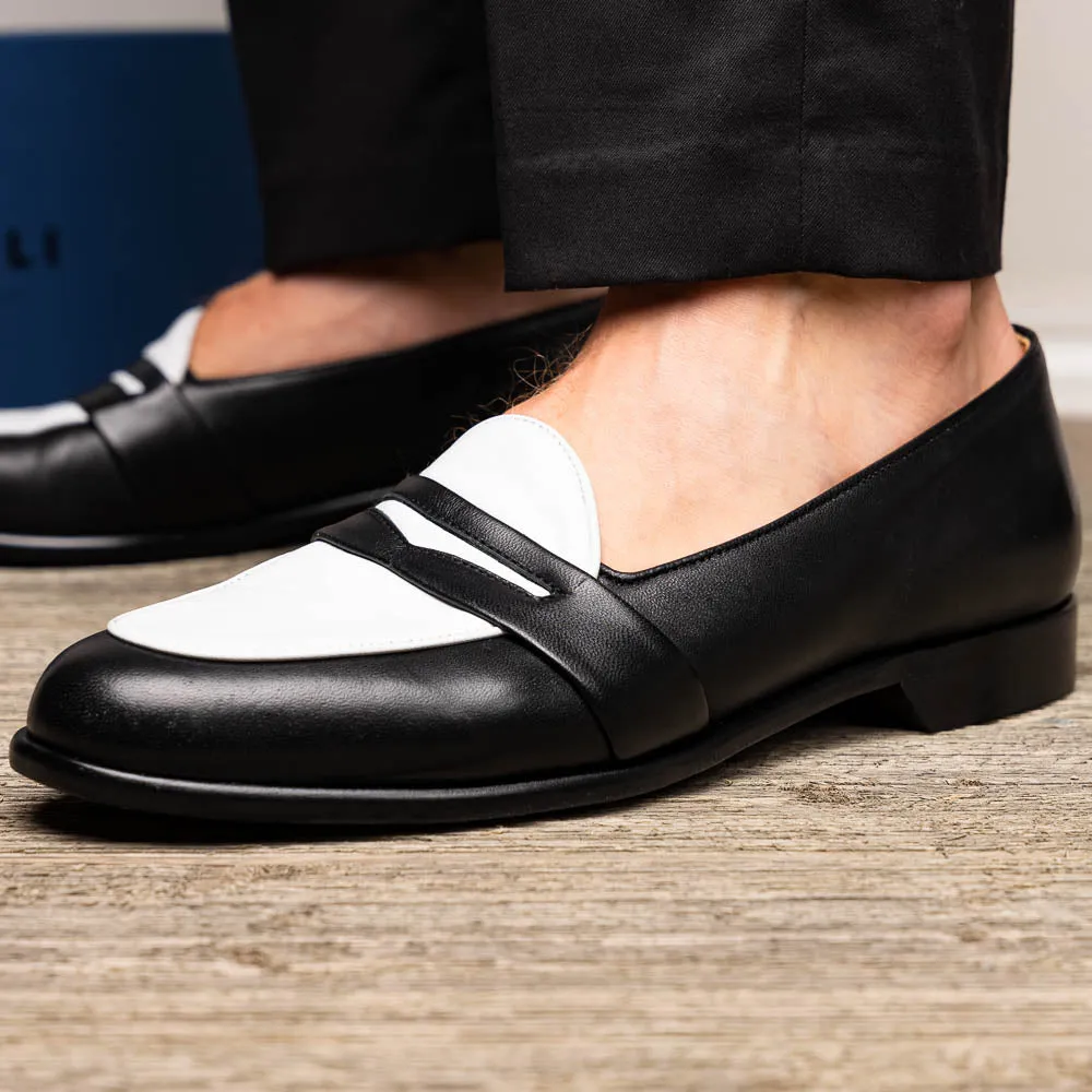 15-300-BKW ALBA Calfskin Penny Loafer, Black/White