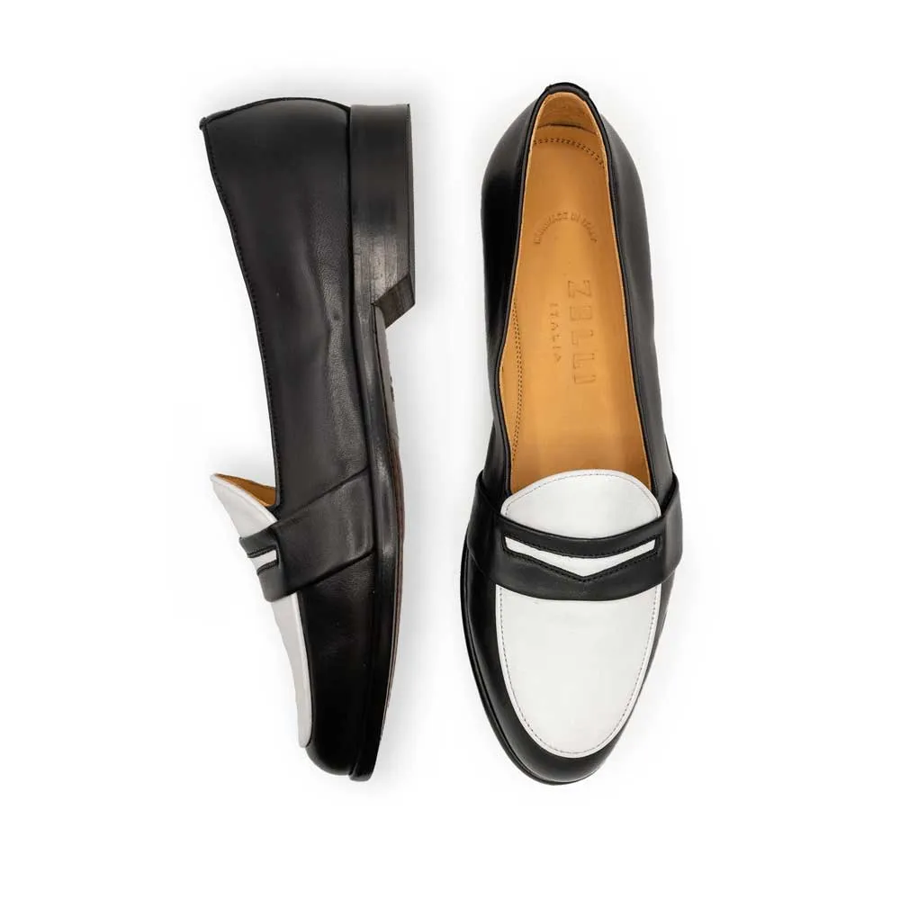 15-300-BKW ALBA Calfskin Penny Loafer, Black/White