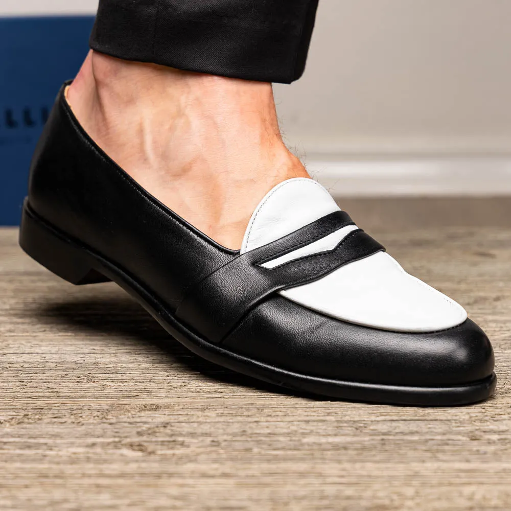 15-300-BKW ALBA Calfskin Penny Loafer, Black/White