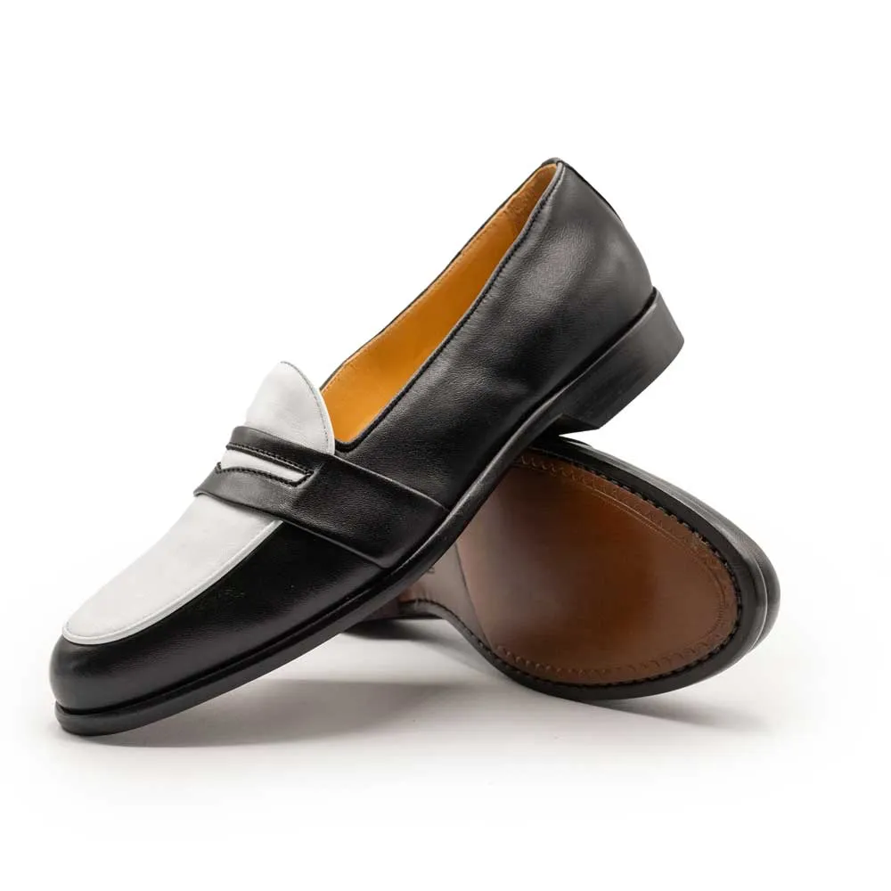 15-300-BKW ALBA Calfskin Penny Loafer, Black/White