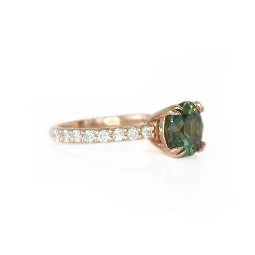 2.77ct Round Green Unheated Sapphire and Diamond-studded ring in 14k Rose Gold