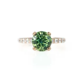 2.77ct Round Green Unheated Sapphire and Diamond-studded ring in 14k Rose Gold