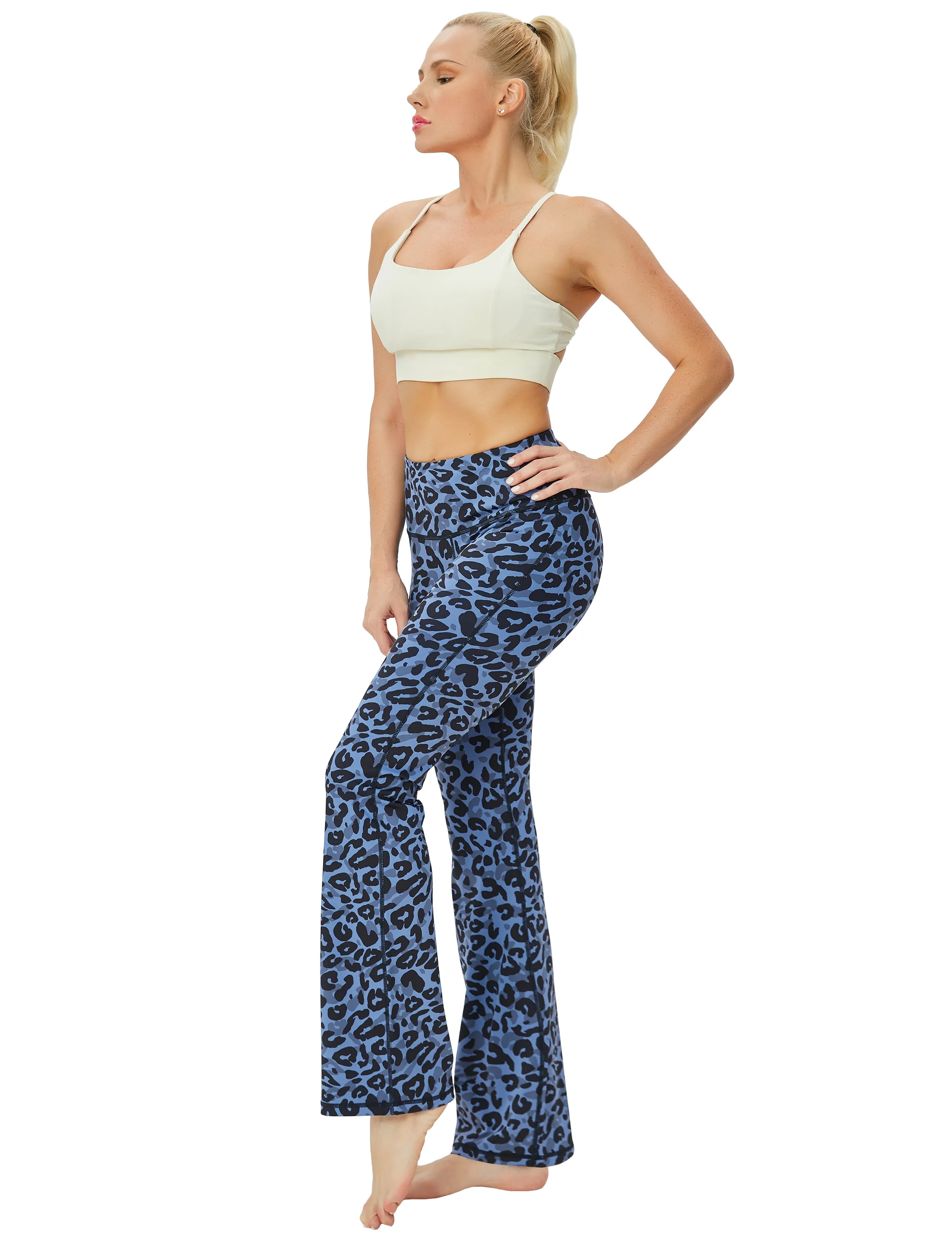 29" 31" 33" 35" 37" High Waist Printed Bootcut Leggings navy_leopard