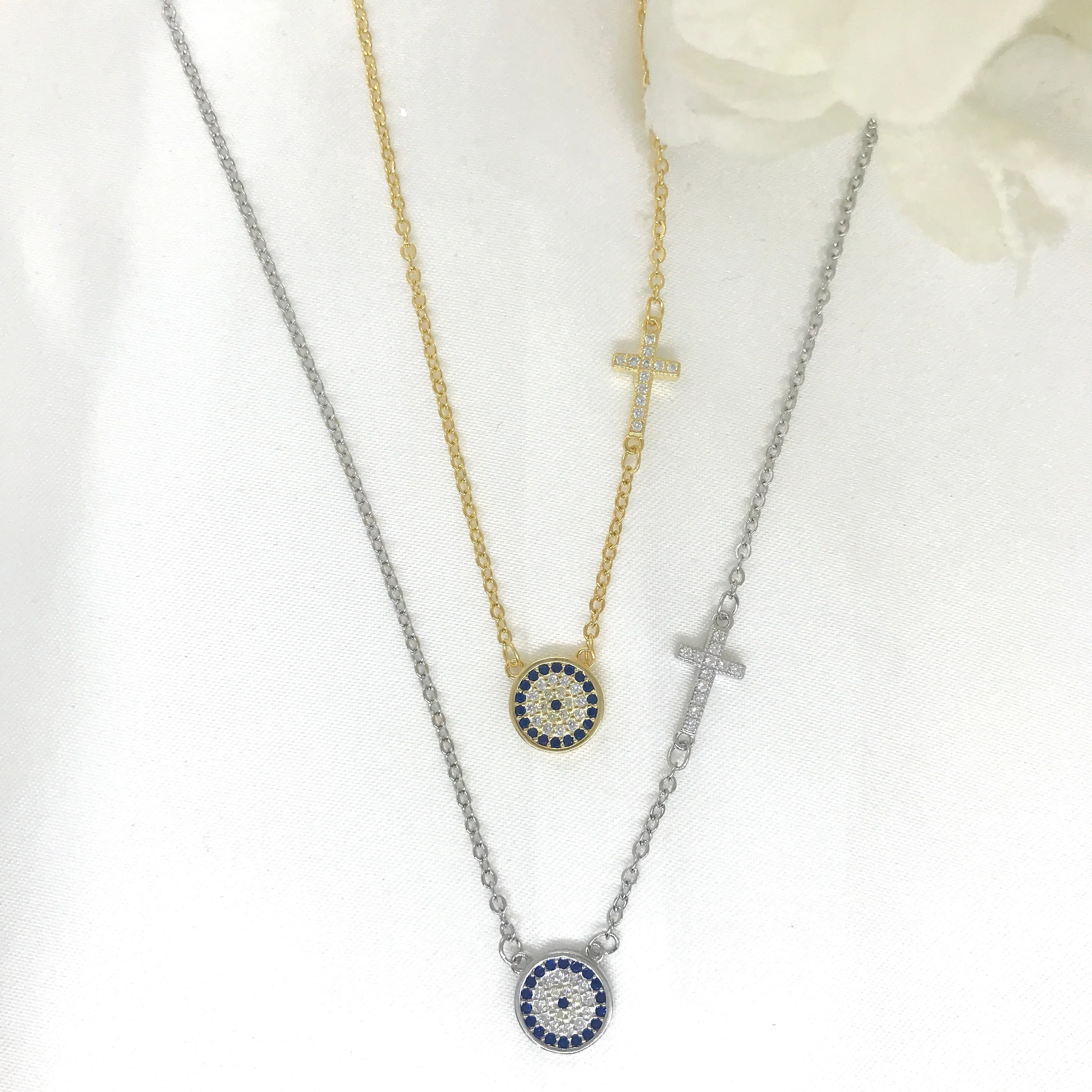 925/18k Vermeil CZ Evil Eye and Cross Necklace