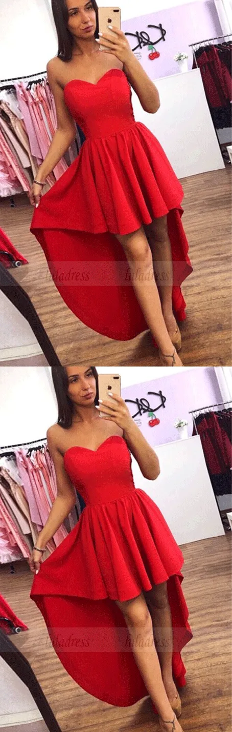 A-Line Sweetheart High-Low Red Satin Homecoming Dress with Pleats,BD99703