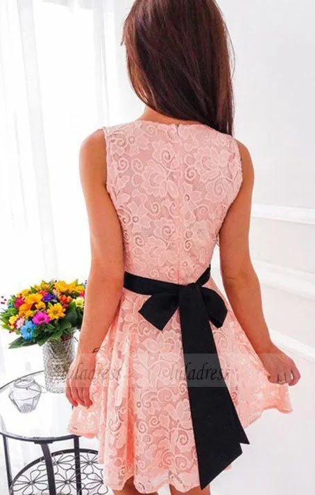 A-Line V-Neck Short Pink Lace Homecoming Dress with Sash,BD99510