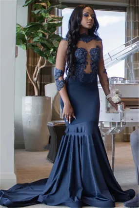 Alluring Dark Navy Mermaid Prom Dress with Long Sleeves and Appliques, PD2303081