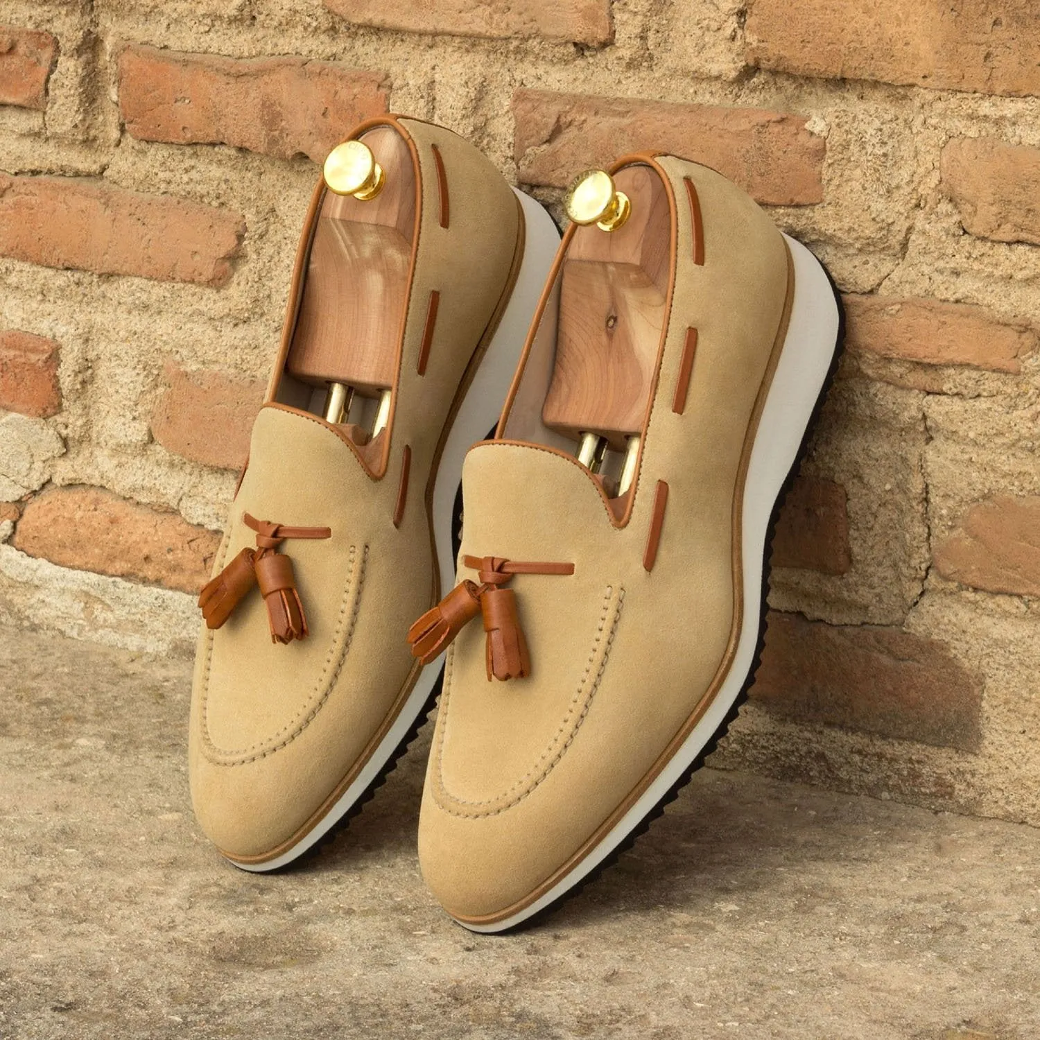 Ambrogio Bespoke Custom Men's Shoes Sand & Cognac Suede / Calf-Skin Leather Tassels Loafers (AMB2111)