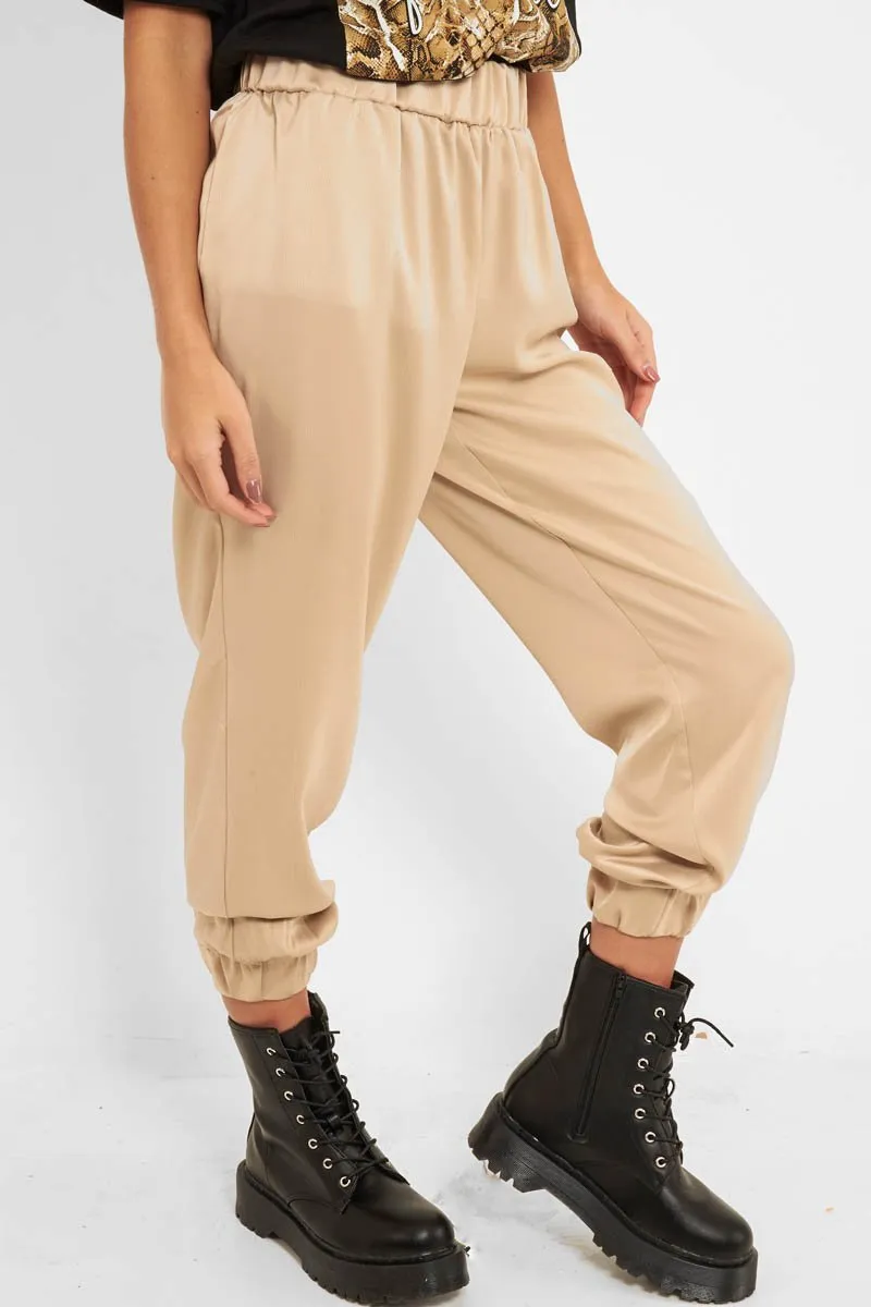 Beige Shiny Woven Cargo Trousers - Atley