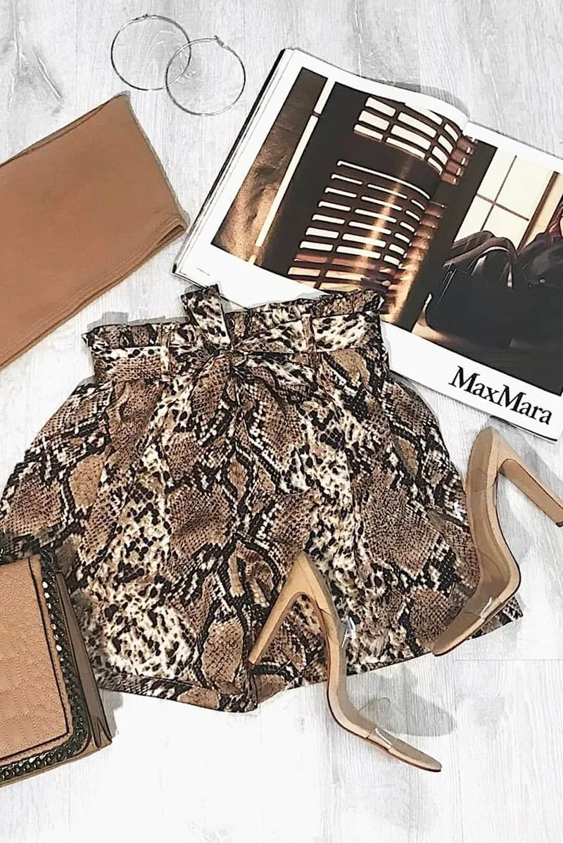 Beige Snake Print Paper Bag Waist Shorts - Niasia