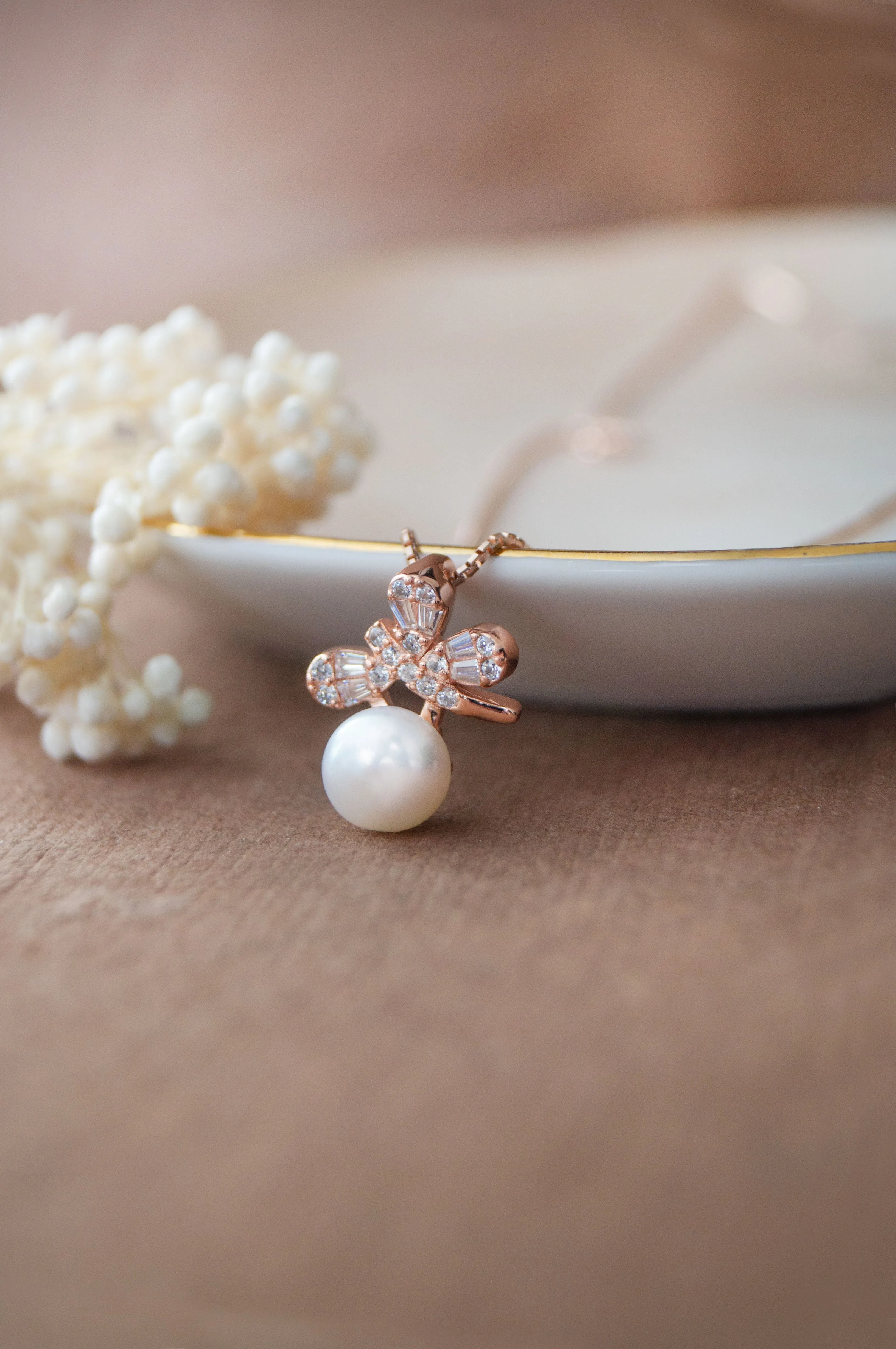 Butterfly On A Pearl Rose Gold Plated Sterling Silver Pendant