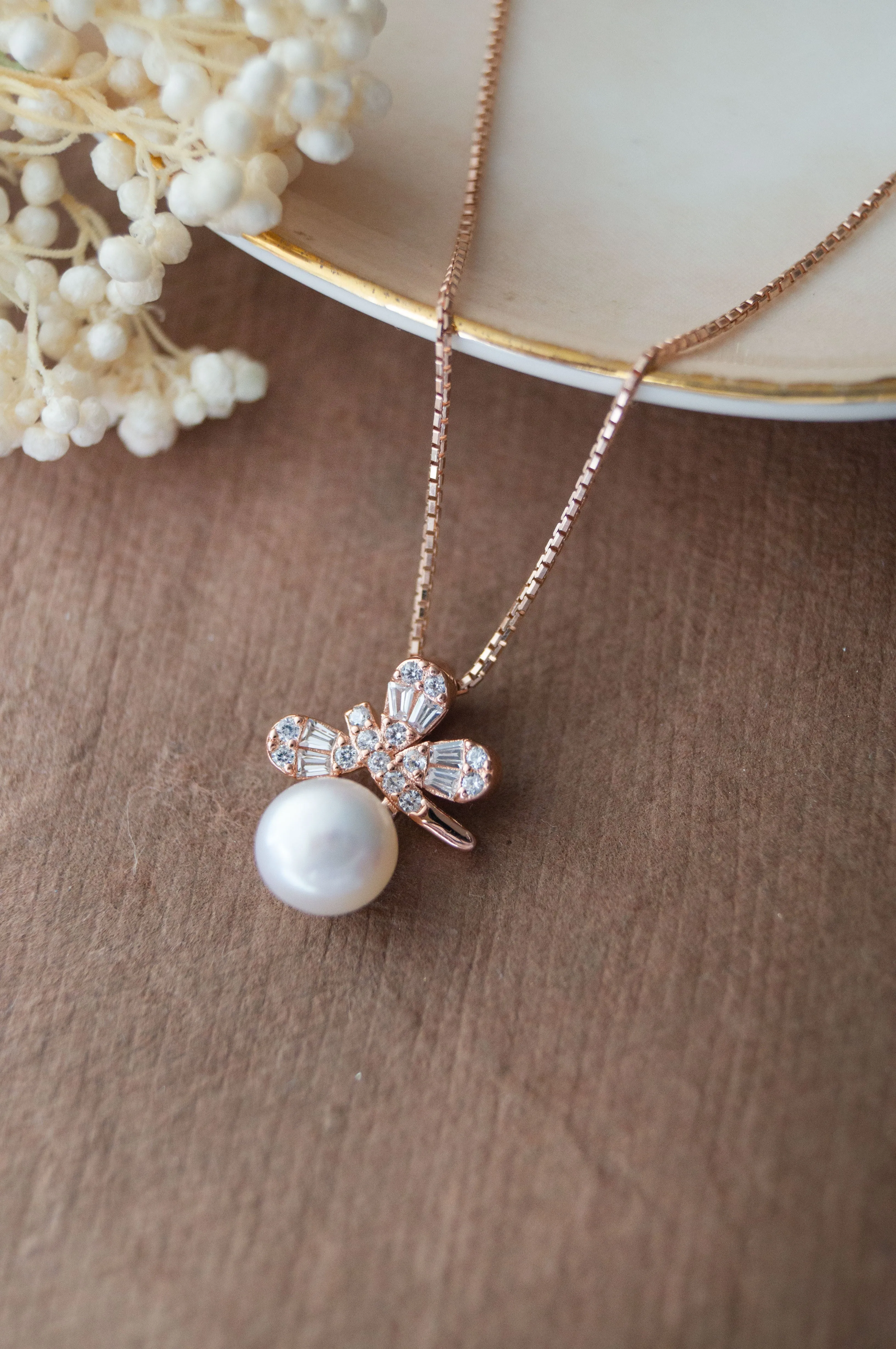 Butterfly On A Pearl Rose Gold Plated Sterling Silver Pendant