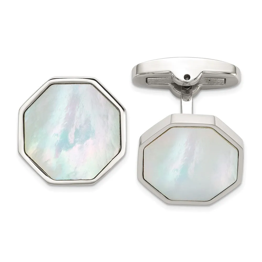 Chisel Stainless Steel Polished with Mother of Pearl Inlay Octagon Cuff Links