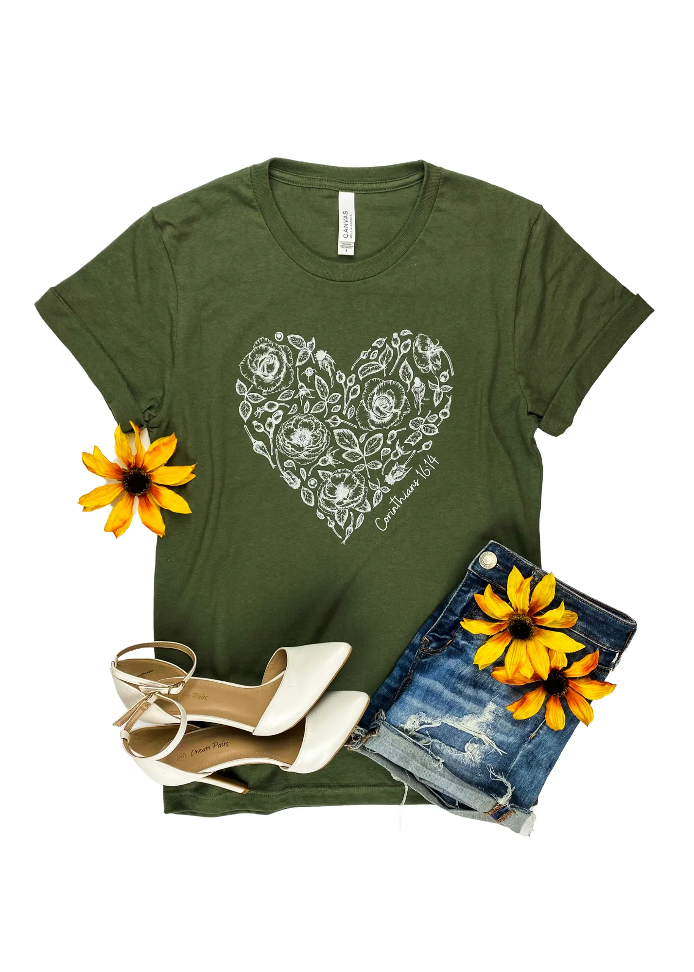 Corinthians 16:14 Rose Heart Army Green Short Sleeve Graphic Tee