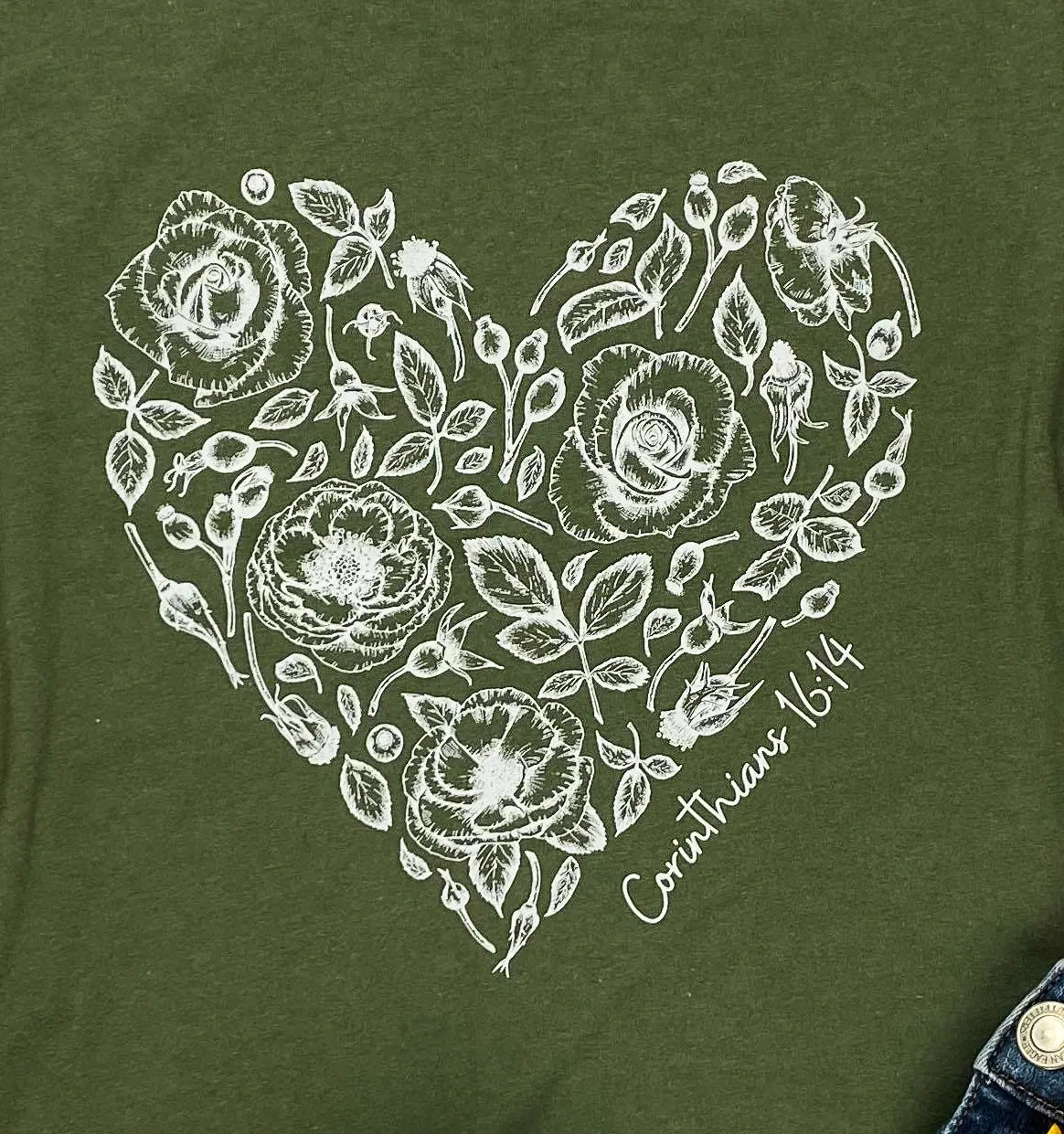 Corinthians 16:14 Rose Heart Army Green Short Sleeve Graphic Tee