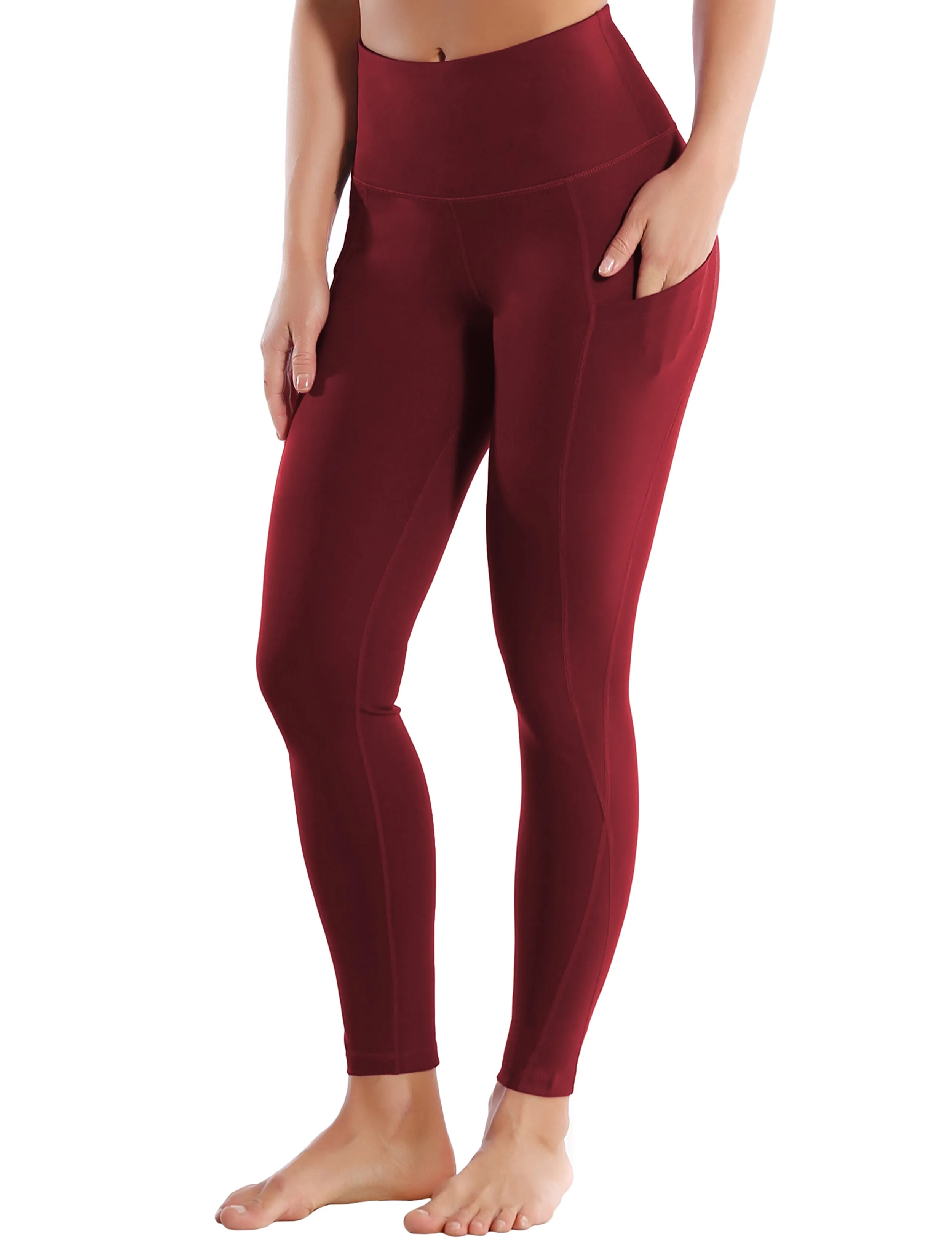 High Waist Side Pockets Yoga Pants cherryred