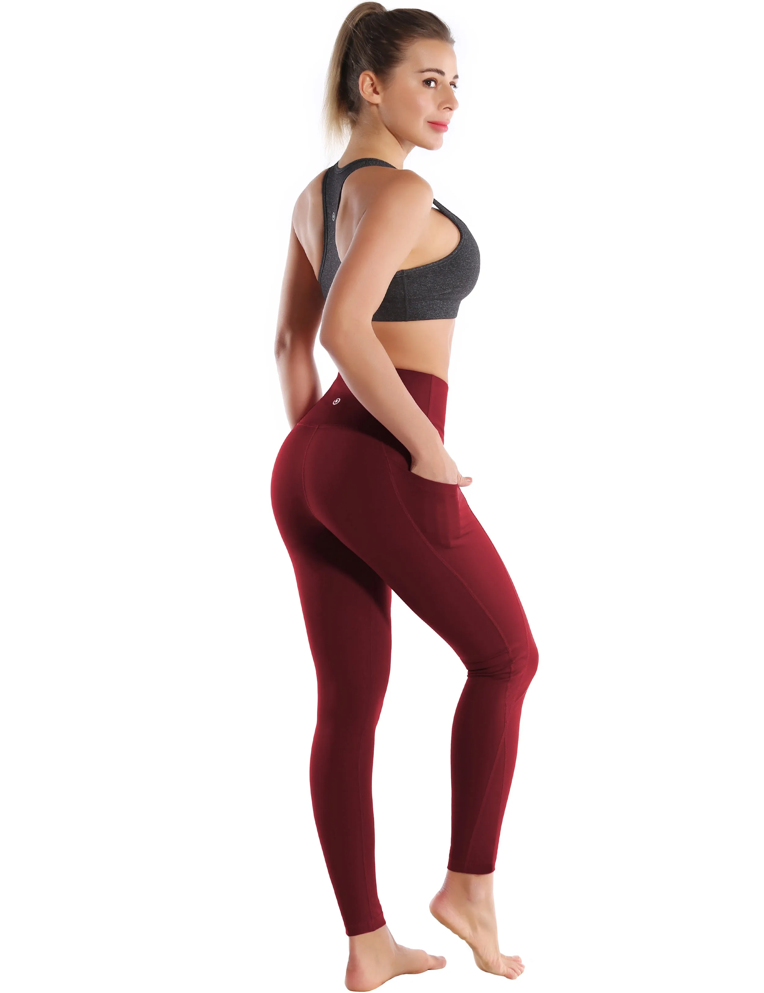 High Waist Side Pockets Yoga Pants cherryred