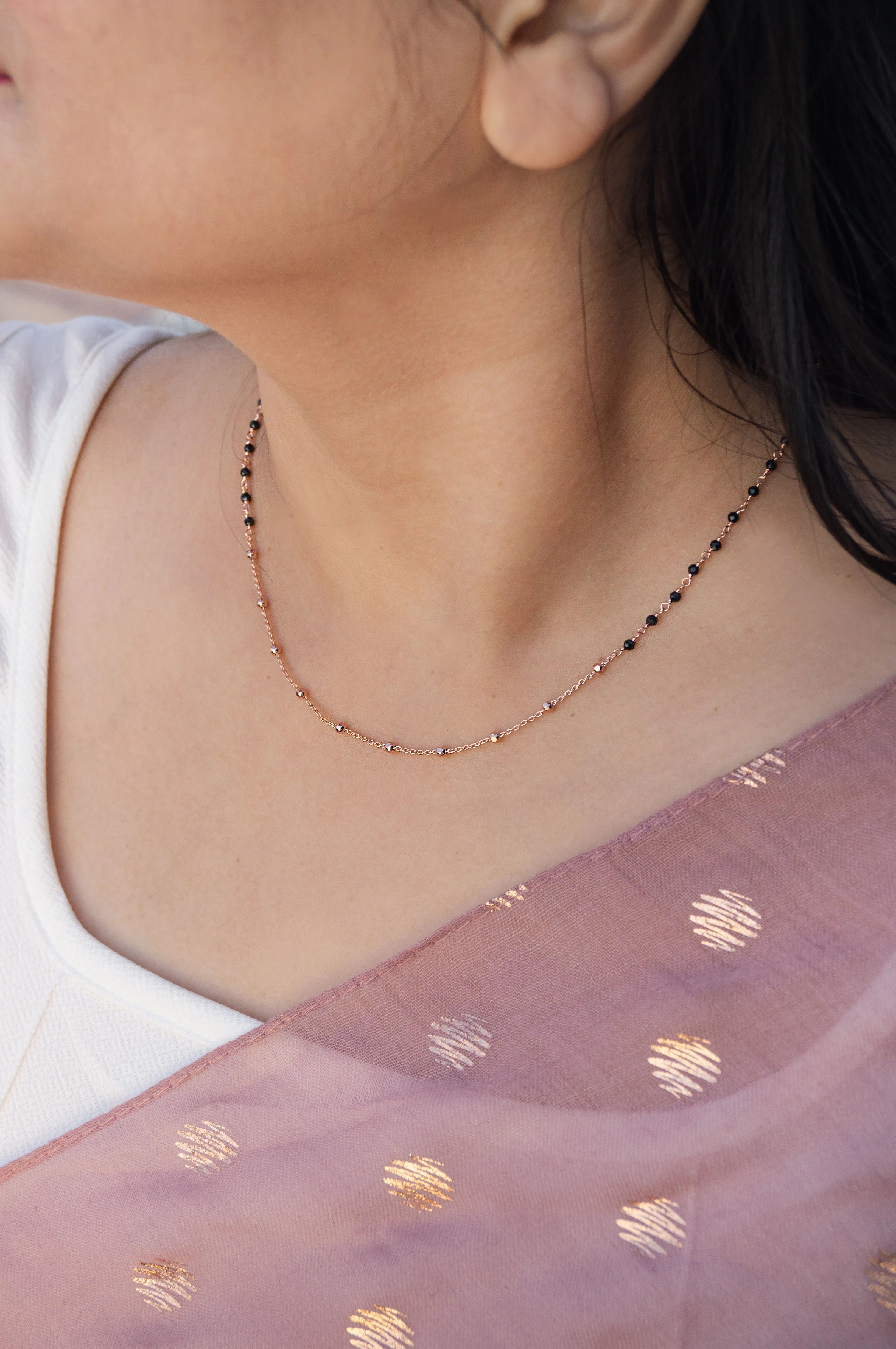 Minimal Beaded Station Rose Gold Plated Sterling Silver Mangalsutra Necklace