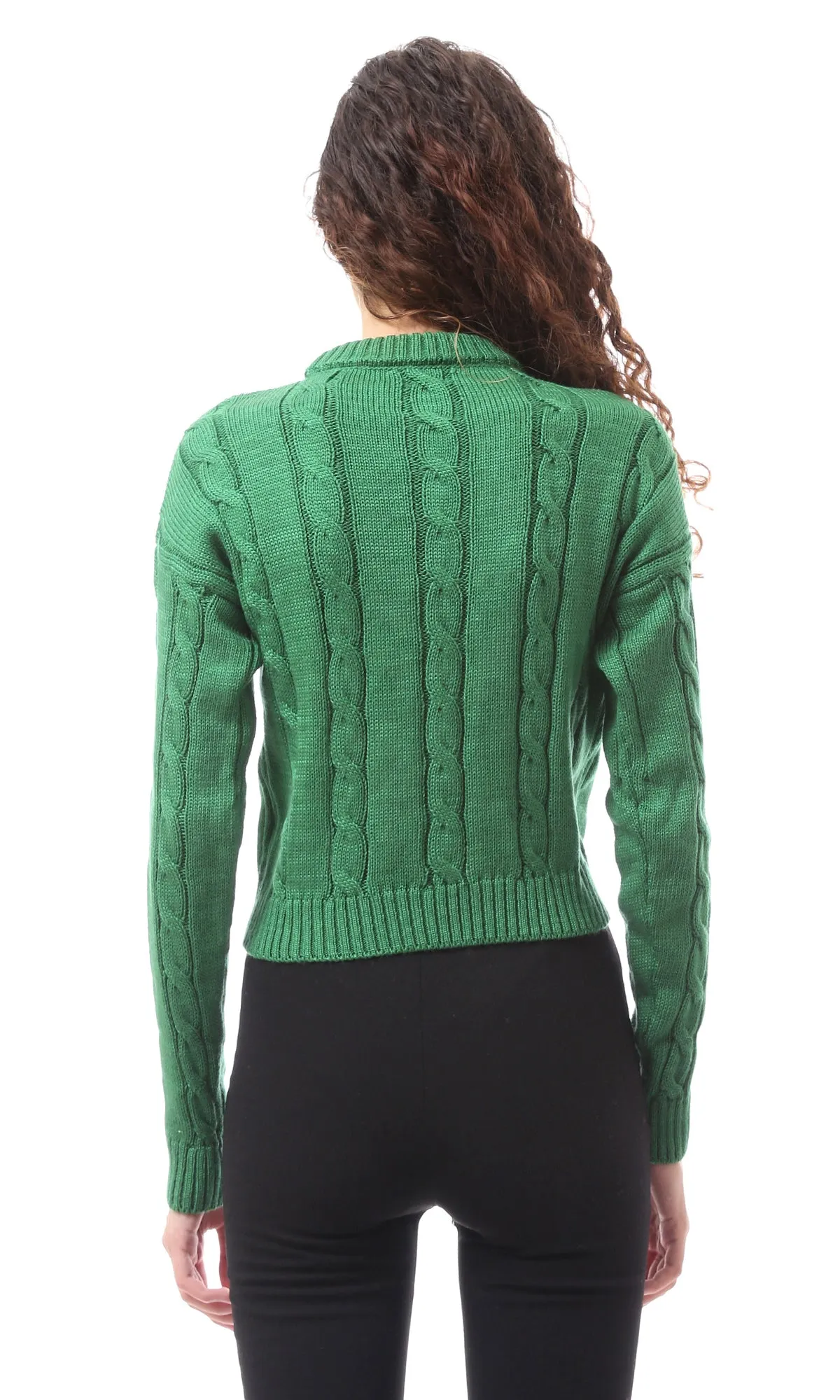 O169347 Knitted Slip On Round Neck Green Pullover