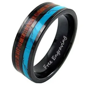 Personalized Men's Tungsten Wedding Band With Turquoise and Wood Inlays