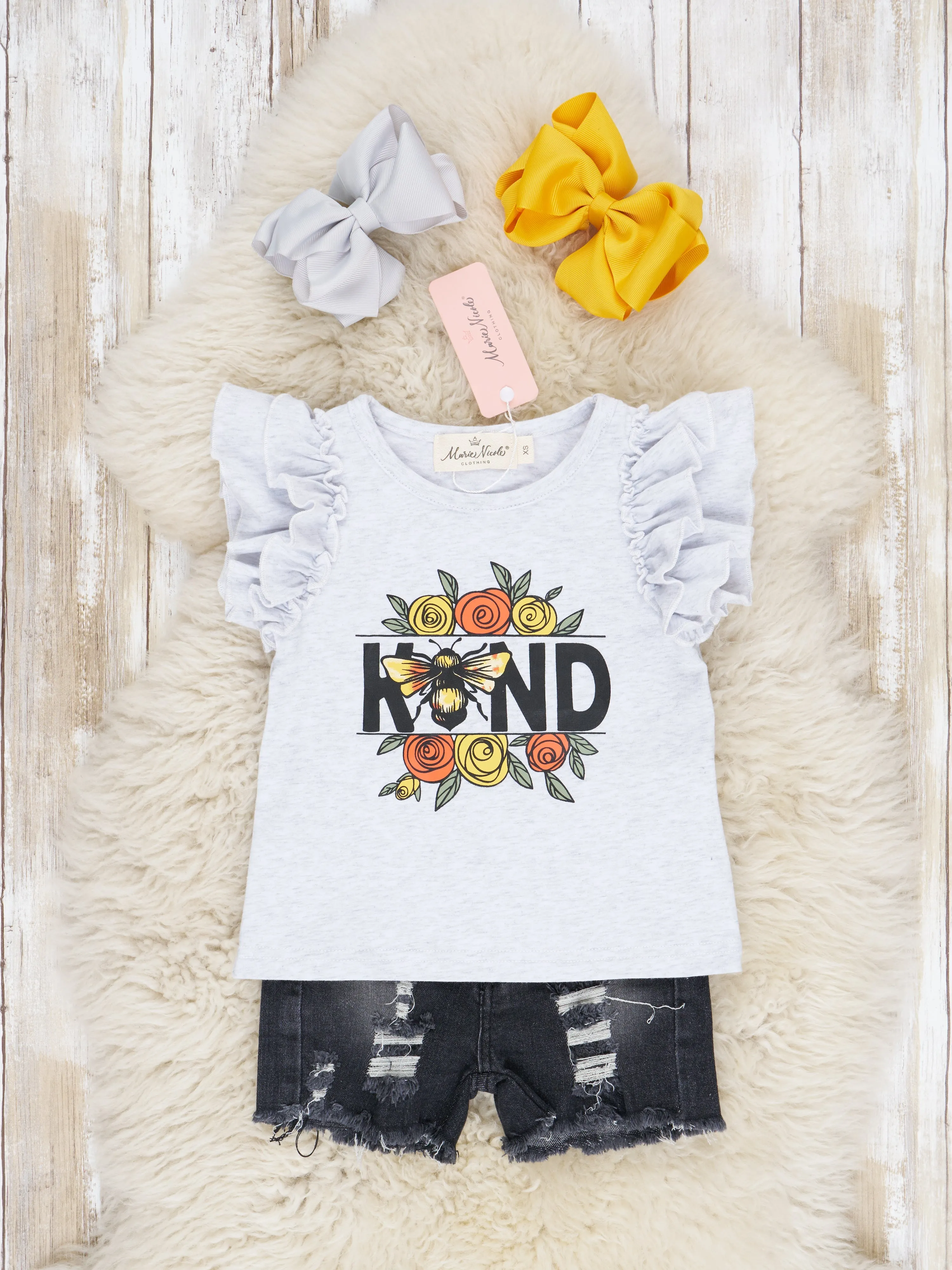 "Kind" Bee Ruffle Top & Denim Shorts Outfit