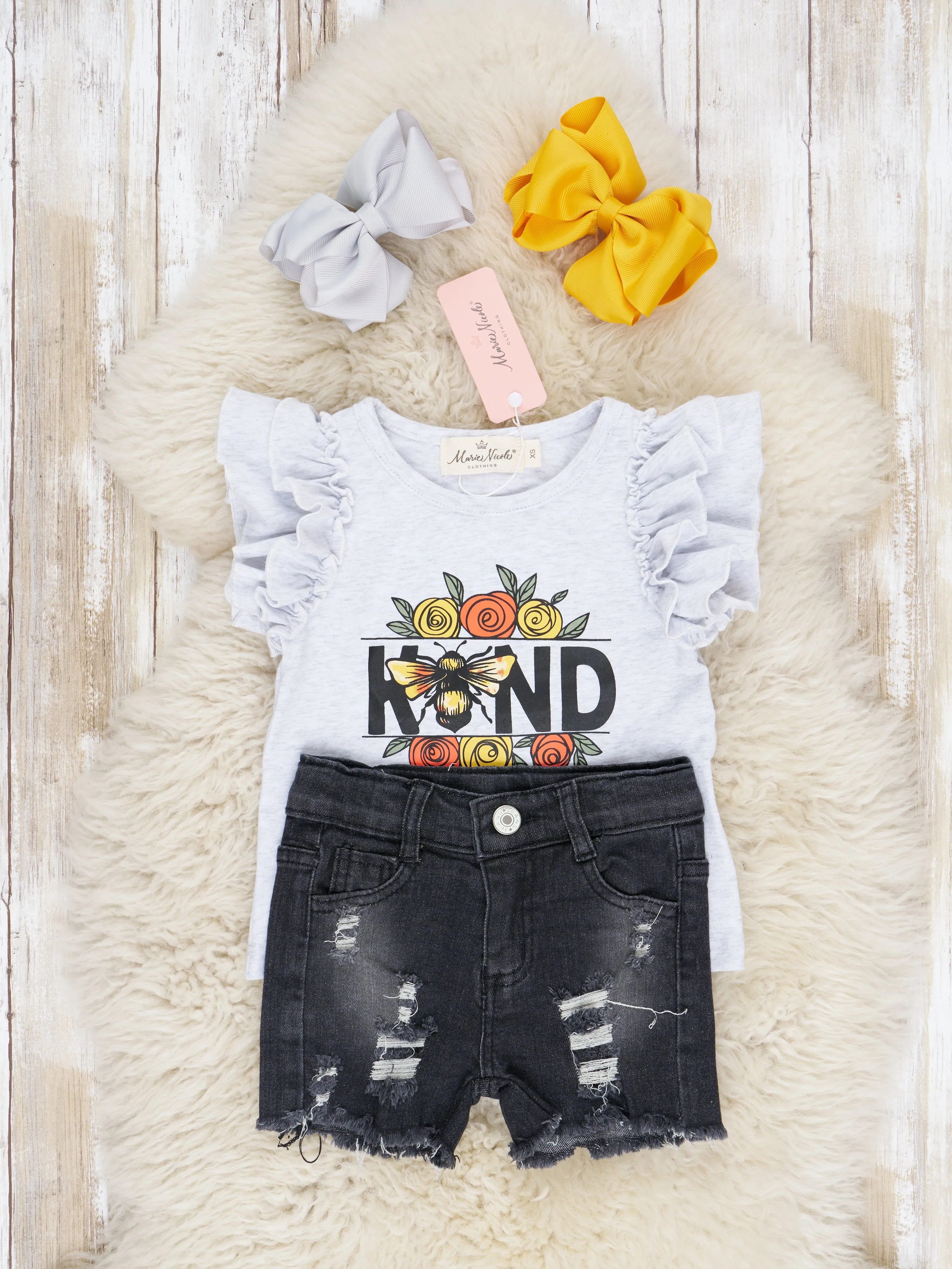 "Kind" Bee Ruffle Top & Denim Shorts Outfit