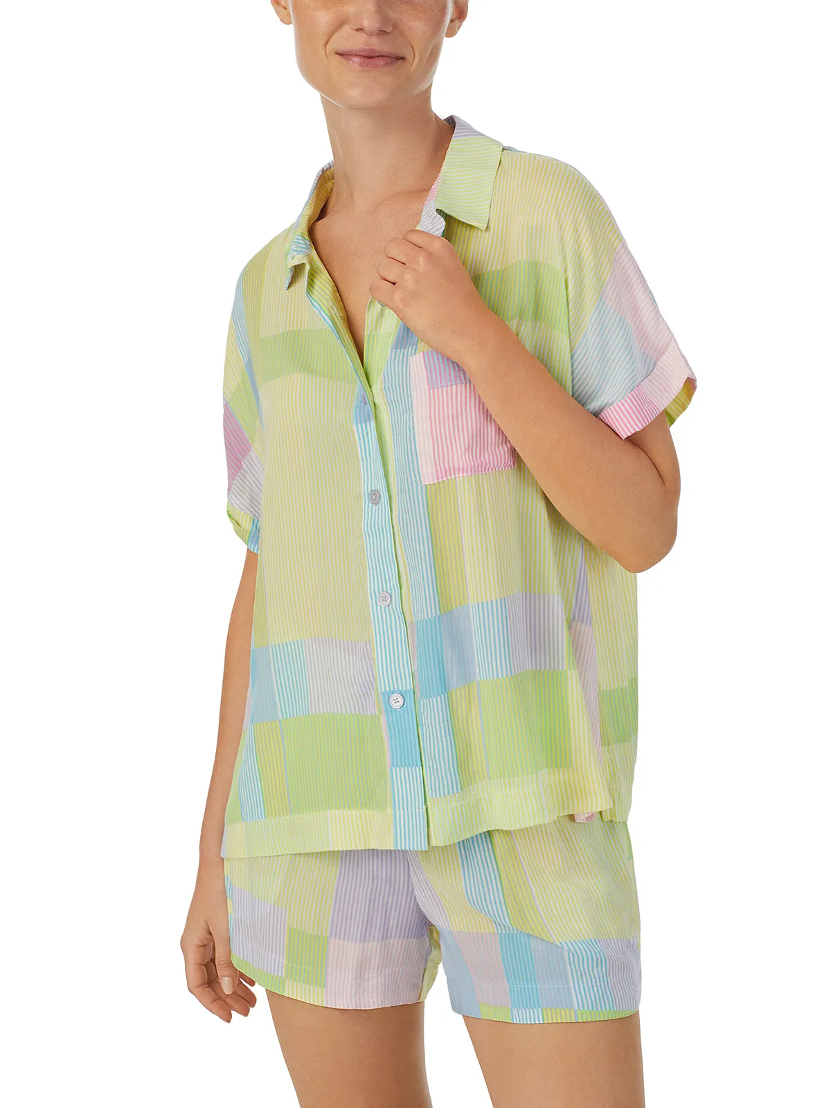 Short Sleeve Button Up Lounge Set Multi Stripe