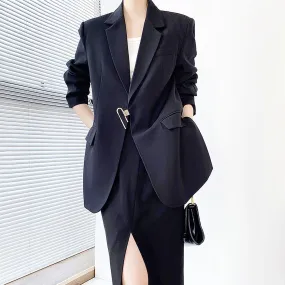 Women's Black large metal lock blazer oversize casual suit Coat,Loose one button Blazer Coat,Oversize Blazer,Black Suit Lady outerwear